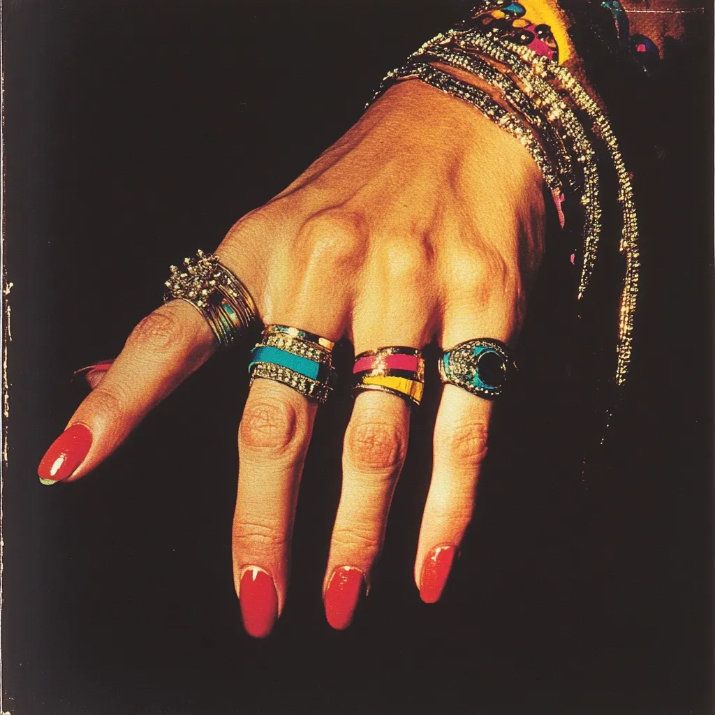 A close-up shot showcases a woman's hand adorned with an array of rings and bracelets.  The rings, featuring vibrant turquoise, pink, and yellow enamel accents, are stacked on her fingers.  Her nails are painted a bold red.  Multiple gold bracelets, intricately designed, encircle her wrist. The image is sharply focused, highlighting the textures and colors of the jewelry against a dark background.