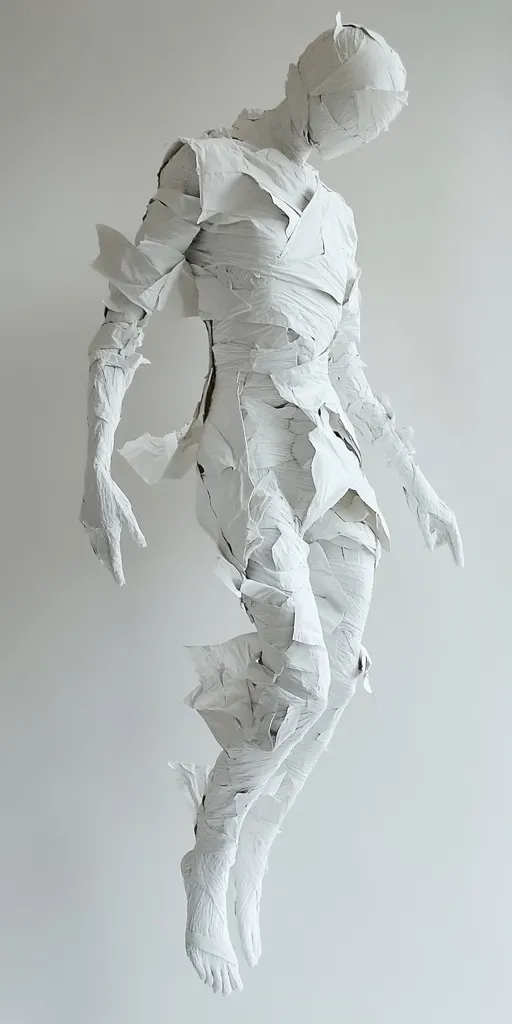 A striking monochromatic sculpture of a seemingly human figure, draped in textured, white fabric resembling bandages or layers of paper. The figure is in mid-air, limbs outstretched, suggesting movement or a suspended state. The texture is rough and uneven, adding a sense of fragility and decay to the otherwise elegant form.  The overall effect is one of ethereal beauty and subtle unease.