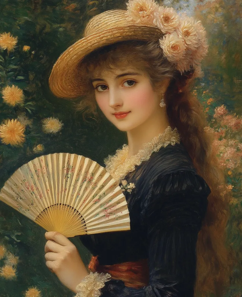 A beautiful young woman, adorned in a straw hat with white flowers, holds a delicate hand fan.  She gazes directly at the viewer with a serene expression.  Her dark dress features lace detailing at the collar and cuffs. The painting is rendered in rich colors, with a soft focus on the woman against a blurred background of lush greenery and flowers. The overall style is reminiscent of classical portraiture.