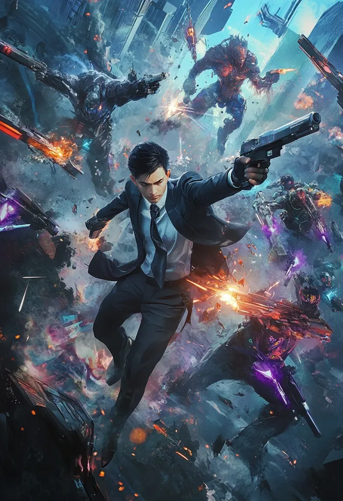 A sharply dressed man in a suit, wielding a handgun, leaps through a futuristic cityscape amidst a chaotic battle.  He's surrounded by heavily armed robotic figures and monstrous creatures engaged in intense firefights.  Explosions and energy blasts illuminate the scene, showcasing a dramatic and violent confrontation in a cyberpunk-inspired environment. The overall style is dynamic and action-packed.