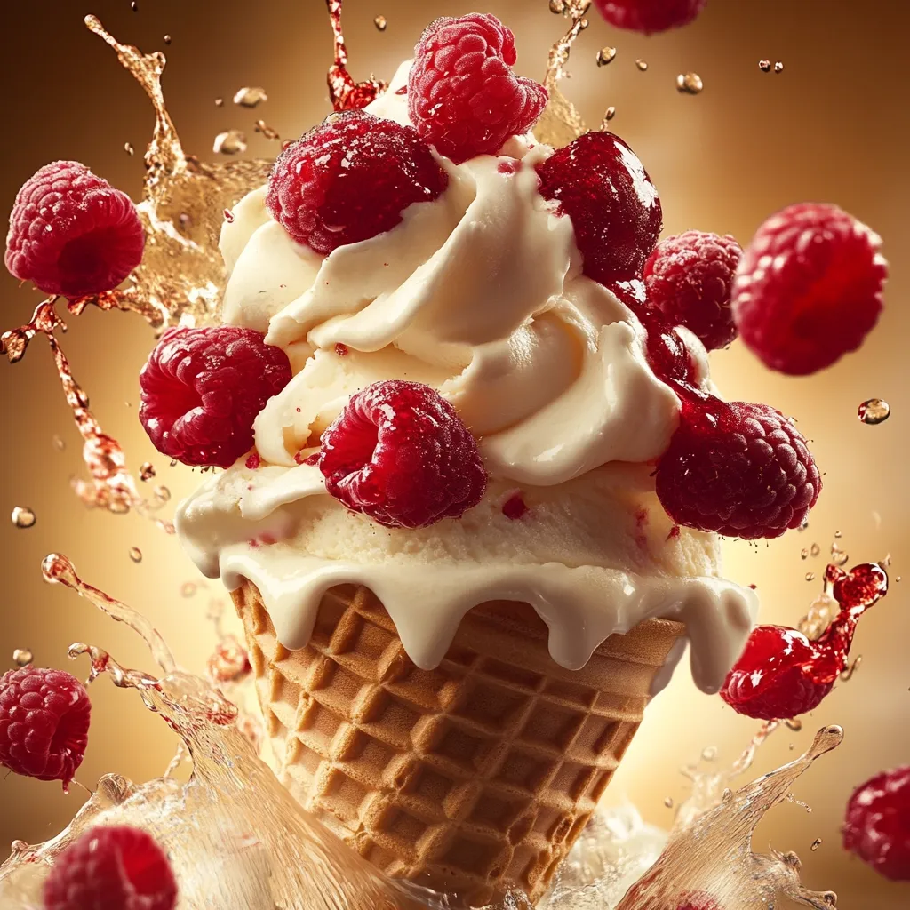 A vanilla ice cream cone, generously topped with fresh raspberries, is dramatically captured mid-air.  The ice cream is melting slightly, dripping down the waffle cone.  Surrounding the cone is a splash of liquid, adding to the dynamic and refreshing feel of the image.  The vibrant colors of the raspberries contrast beautifully with the creamy white ice cream.