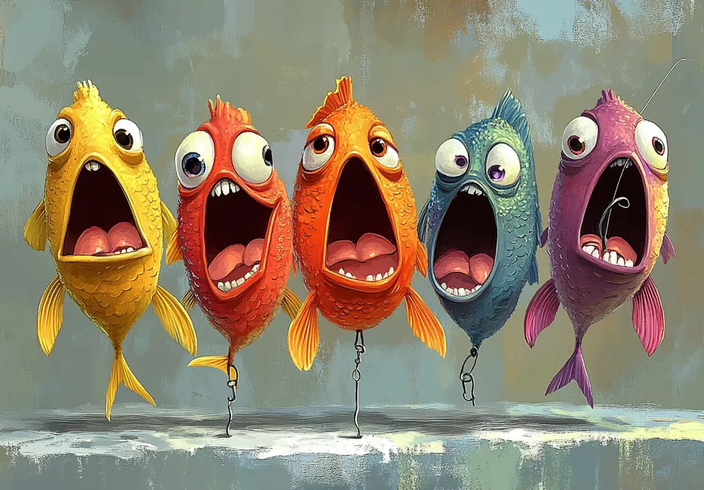 Five cartoon fish with exaggerated features, including wide eyes and open mouths, are depicted in a row.  Each fish is a different vibrant color: yellow, orange, orange-red, teal, and purple. They appear to be suspended on tiny hooks, creating a humorous and whimsical scene. The background is a textured, muted grey-green.  The style is playful and artistic.