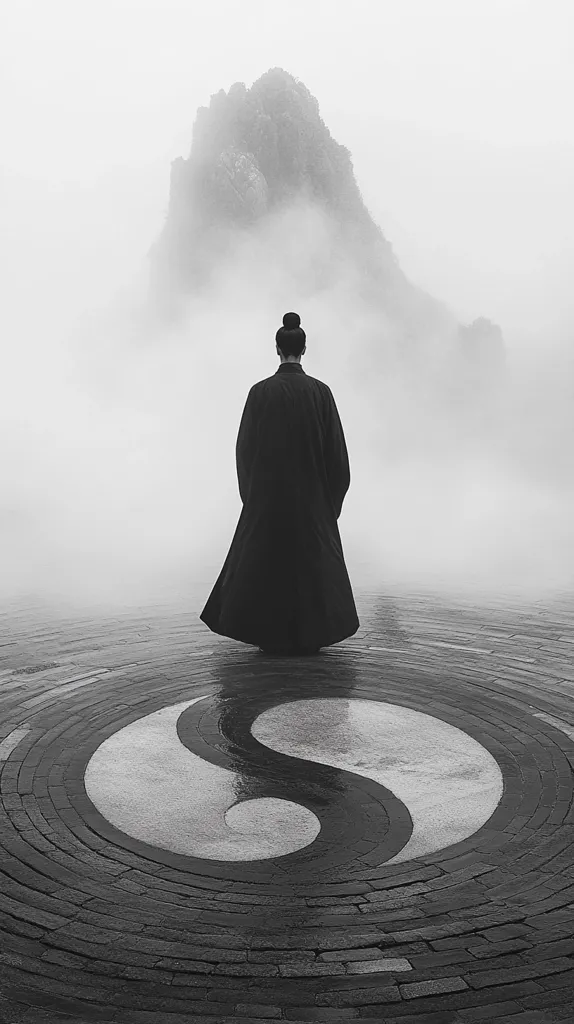 A person, dressed in a long dark robe, stands with their back to the camera.  They are positioned on a circular paved area featuring a yin and yang symbol.  A misty mountain looms in the background, shrouded in fog. The monochrome palette emphasizes a sense of serenity and contemplation. The scene evokes a feeling of peace and spiritual reflection.
