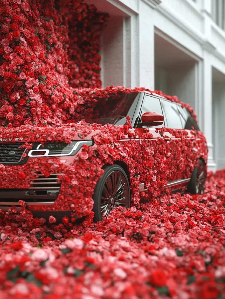 A red Range Rover is parked in a garage, completely covered in a cascading mass of red roses. The flowers overflow from the vehicle onto the ground, creating a stunning, floral spectacle. The contrast between the sleek car and the abundance of roses is striking, suggesting opulence and luxury. The scene is set against a clean, modern building, enhancing the overall visual impact.