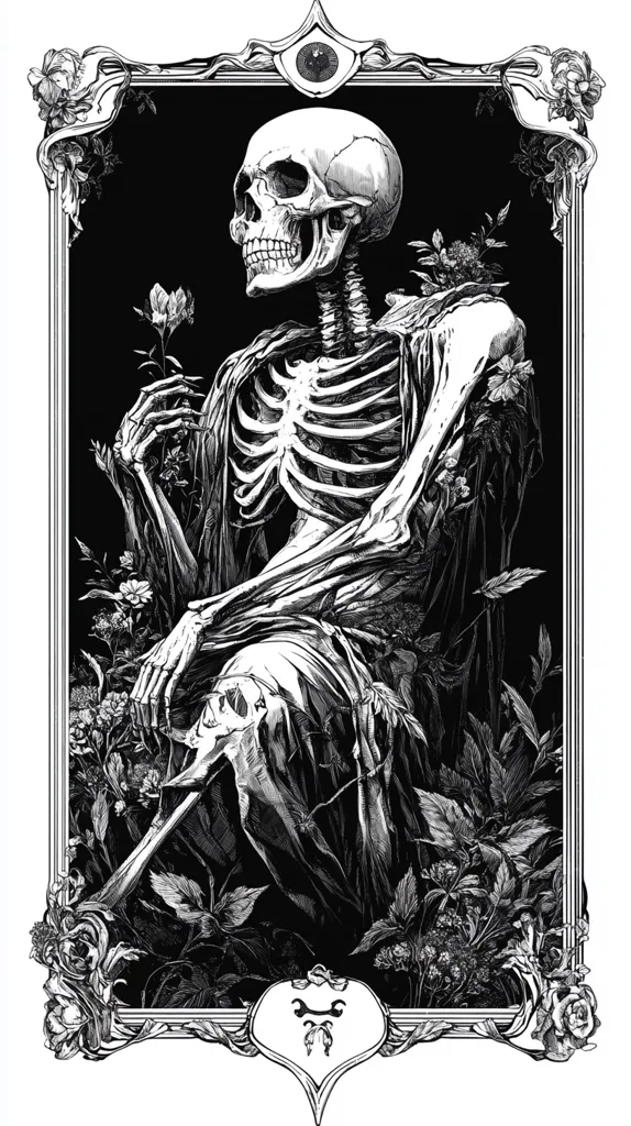 A detailed black and white illustration depicts a skeleton, adorned in a robe, seated amidst lush foliage. The skeleton delicately holds a flower, exuding a melancholic yet serene atmosphere. The image is framed by an ornate border featuring floral motifs and an eye symbol at the top, enhancing its artistic appeal.  The intricate detail and contrasting light and dark tones create a striking visual effect.