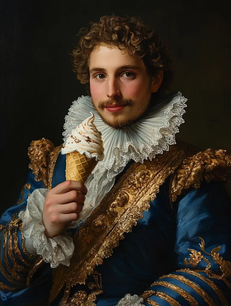 A young man, styled in a rich blue 17th-century-style doublet with gold embellishments and a lace collar, holds an ice cream cone.  His curly hair and facial features are rendered with meticulous detail in the oil painting. The contrast between the historical attire and the modern ice cream creates a humorous and intriguing juxtaposition. The dark background emphasizes the subject.