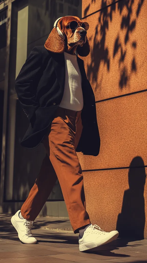 A basset hound, wearing sunglasses and headphones, strolls down a city street.  The dog is anthropomorphized, dressed in a black blazer, rust-colored trousers, and white sneakers.  The urban setting is highlighted by the building's warm-toned facade and the shadows cast by leaves.  The overall image is stylish and quirky.