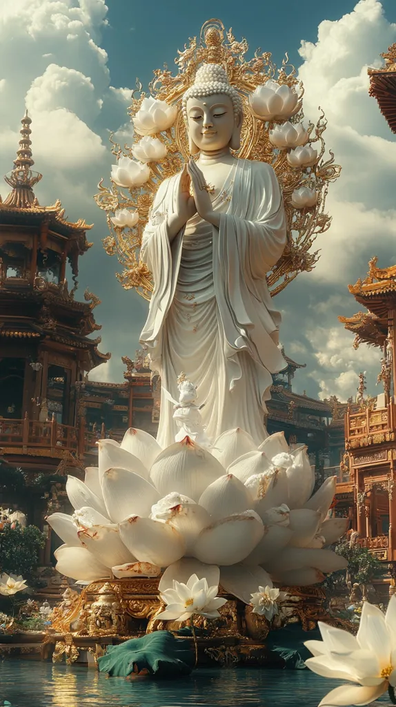 A majestic white Buddha statue, adorned with gold accents and surrounded by a large, ornate lotus flower, stands serenely in a tranquil pond.  The statue's hands are clasped in prayer.  Intricate, golden-hued temples form a breathtaking backdrop under a cloudy sky, creating a scene of profound spiritual beauty and tranquility.