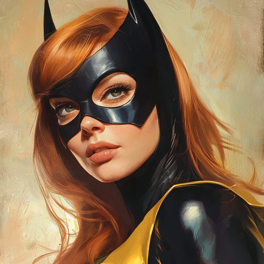 A striking portrait of Batgirl, rendered in a painterly style.  Her vibrant red hair cascades around her shoulders, contrasting with her dark, sleek costume.  A black cowl partially obscures her face, revealing intense green eyes and a subtly confident expression.  The golden accents on her attire add a touch of elegance to the otherwise formidable superhero image.  The background is a soft, textured wash of muted tones.