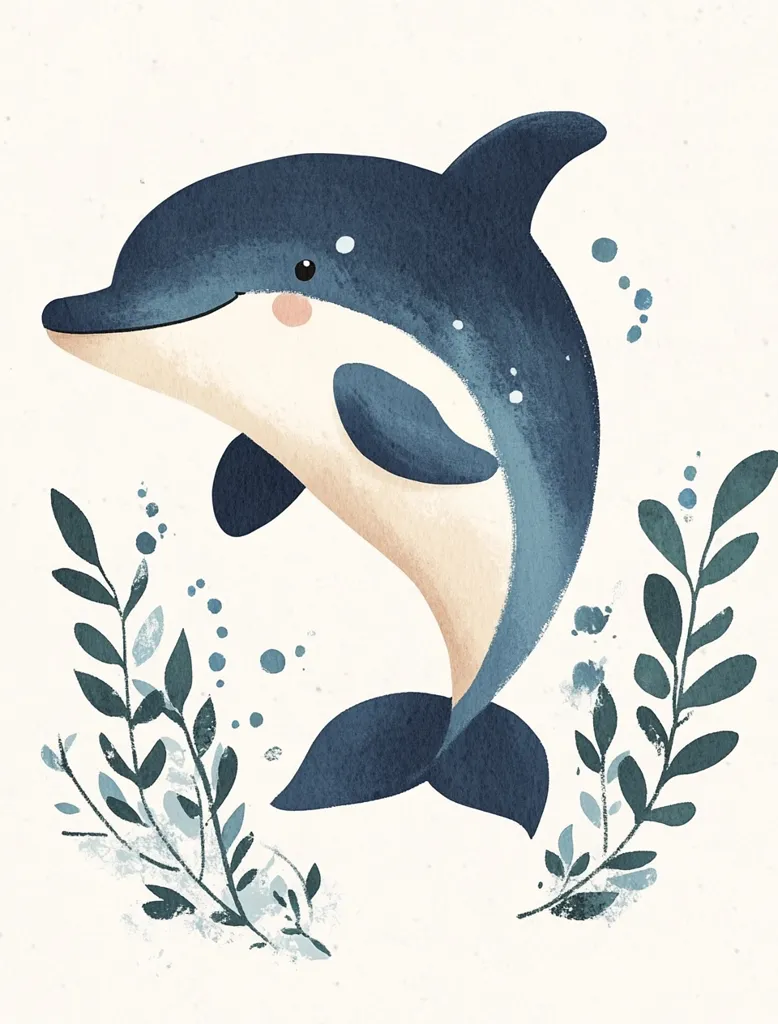 A charming illustration features a playful dolphin, rendered in soft watercolor-like hues of blue and beige.  The dolphin is depicted mid-leap, its cheerful expression emphasized by simple, delicate features.  Surrounding the dolphin are stylized sprigs of leaves, adding a touch of whimsical underwater flora to the scene. The overall style is gentle and childlike, evoking a sense of peace and tranquility.