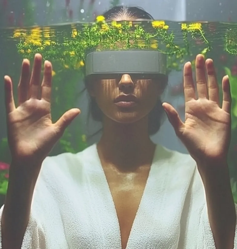 A woman, wearing a white robe and a futuristic-looking visor, stands submerged up to her chest in a tranquil underwater scene.  Yellow flowers and greenery surround her. Her hands are outstretched, palms facing forward, as if interacting with her environment.  The image evokes a sense of serenity and technological integration with nature.