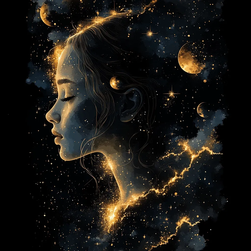 A serene profile of a woman's face is depicted, seemingly composed of golden cosmic dust and nebulae.  Stars, planets, and glittering trails of light intertwine with her hair and features, creating a mystical and ethereal effect against a dark, starry backdrop. The image evokes a sense of wonder and the connection between humanity and the cosmos.