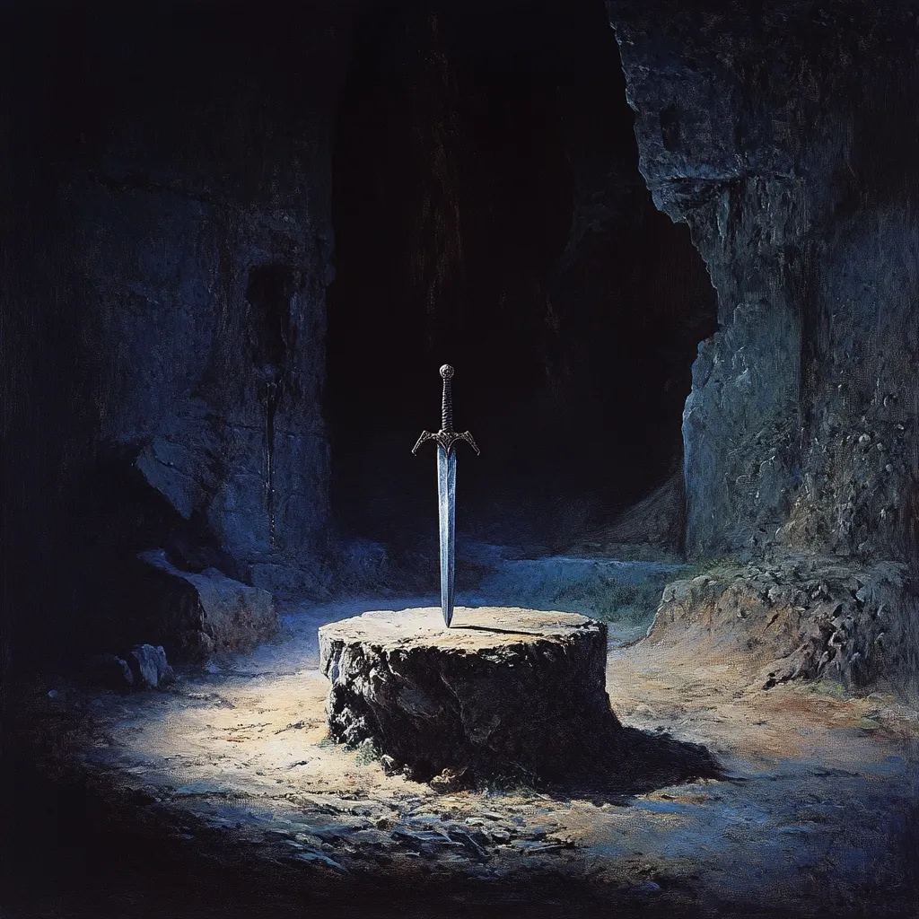 A gleaming sword stands upright in the center of a dark, cavernous setting.  The sword is planted in a rough-hewn stone block, bathed in a single shaft of light. The surrounding cave walls are rough and textured, adding to the mysterious and possibly magical ambiance. The scene evokes a sense of ancient power and hidden destiny.