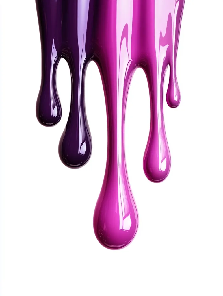 Drips of dark purple and bright fuchsia nail polish cascade downwards against a stark white background.  The glossy texture of the paint is emphasized by the way the light reflects off its surface, creating a visually appealing contrast between the rich colors and clean backdrop. The image evokes a sense of fluidity and vibrancy, suggesting luxury and beauty.