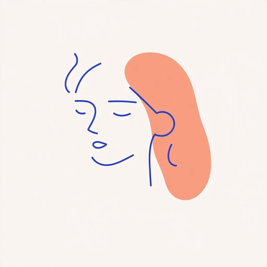 A minimalist line drawing depicts a woman's face in profile, eyes closed, her hair represented by a coral-colored shape.  The style is simple and elegant, using only a few lines to suggest features. The overall effect is serene and calming. The color palette is soft and muted, enhancing the peaceful mood.