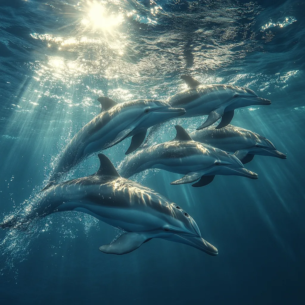 A pod of five dusky dolphins gracefully swims in a sun-drenched ocean.  Sunlight streams through the water, illuminating the dolphins' sleek bodies and creating shimmering effects.  The dolphins appear playful and healthy, swimming in close proximity to each other, showcasing their elegance and power in their natural marine habitat. The scene is peaceful and vibrant, capturing a moment of underwater serenity.
