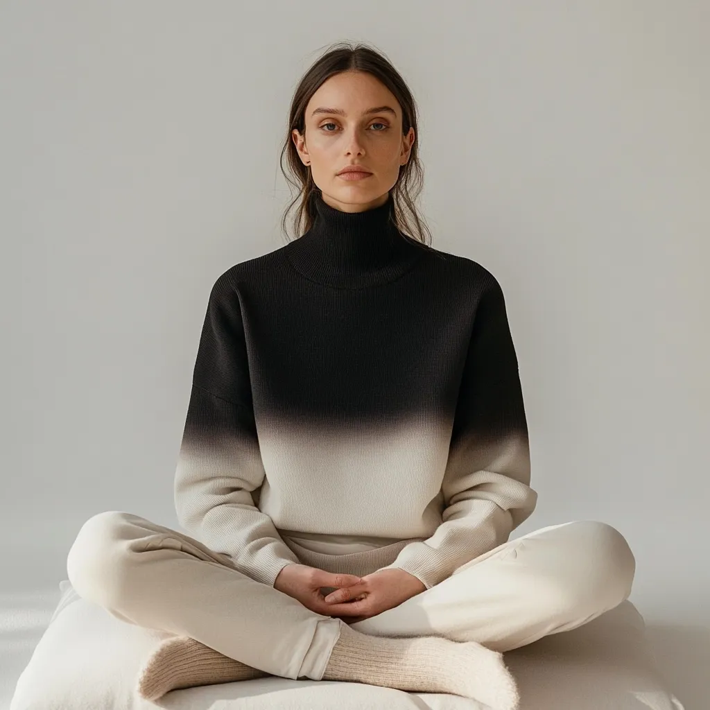 A young woman with long brown hair sits cross-legged on a white surface. She wears a black and off-white ombre turtleneck sweater and light beige pants.  Her pose is serene and her expression calm.  The image is minimalist and focuses on the model's clothing and neutral background.