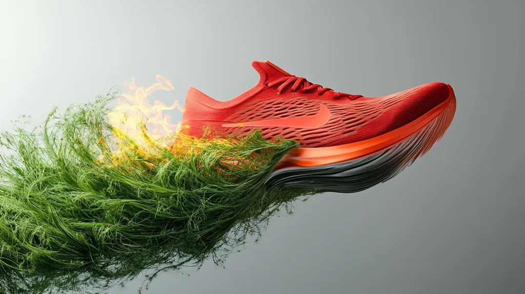 A vibrant red Nike running shoe is captured mid-air, seemingly propelled by a burst of flames emerging from a bed of lush green grass. The shoe's design is sleek and modern, with a textured upper and a dynamic sole. The contrast between the fiery energy, the natural grass, and the athletic shoe creates a striking visual metaphor.  The image suggests speed, power, and the connection between nature and athletic performance.