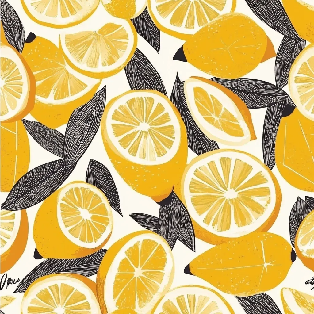 A vibrant pattern featuring juicy lemons and lemon slices.  Whole lemons and halved segments are interspersed with stylized black leaves on a white background.  The lemons are depicted in a textured, painterly style, showcasing a range of yellow hues. The overall design is bright, cheerful, and evokes a summery feel.