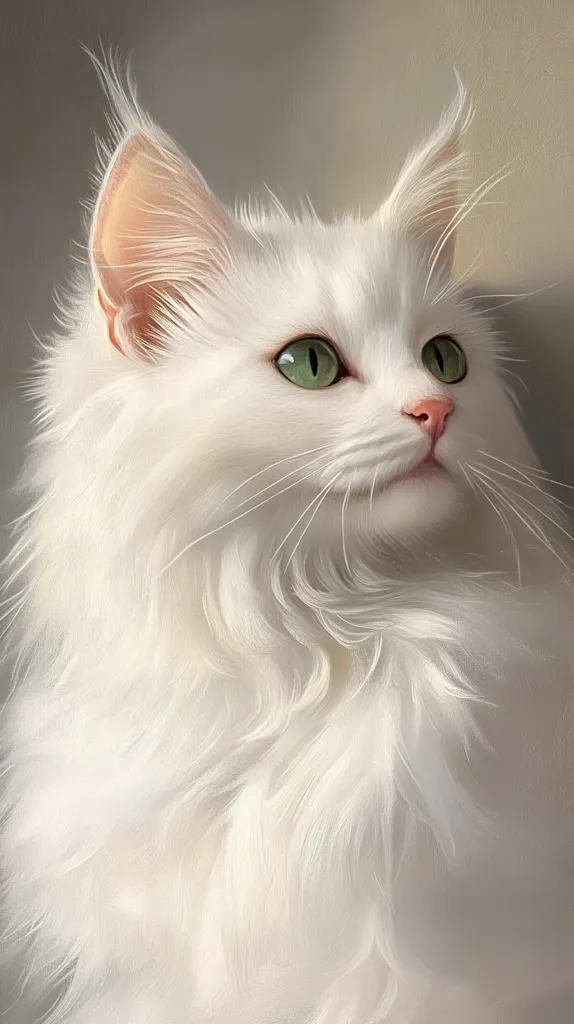 A stunning portrait of a long-haired white cat with striking green eyes.  The cat's fur is incredibly fluffy and appears soft, almost ethereal. Its gaze is directed slightly away, creating a sense of serene elegance. The soft lighting enhances the texture and color of the cat's coat, resulting in a captivating image.