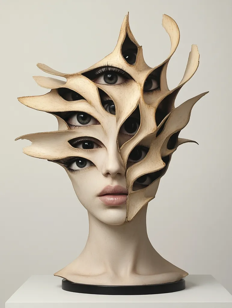 A sculpted bust features a woman's face partially obscured by an abstract, organic mask.  The mask is composed of layered, petal-like forms, each containing an eye, creating a multi-faceted gaze. The sculpture is rendered in muted beige tones, showcasing a contrast between the smooth skin and the textured mask. The overall effect is surreal and evocative, hinting at themes of perception and hidden identity.