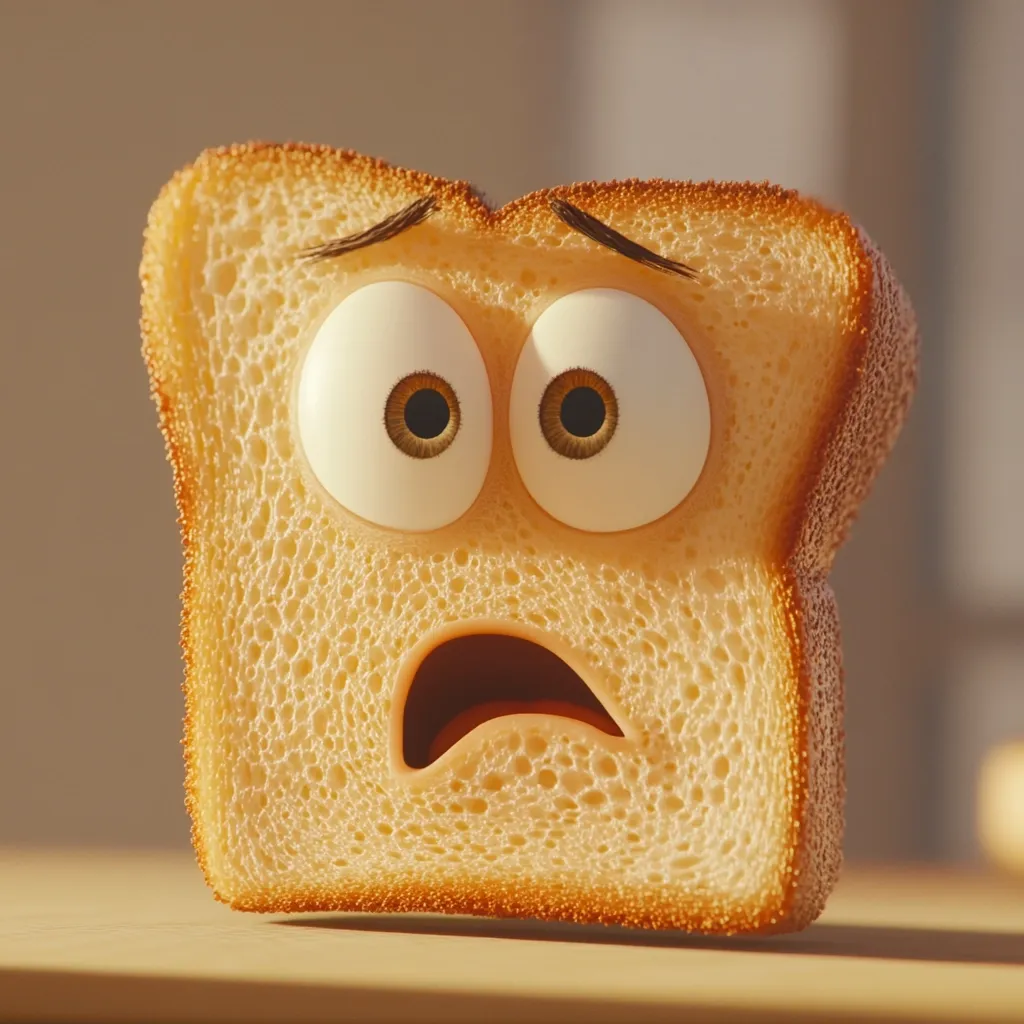 A slice of bread with cartoon features is depicted.  It has large, expressive eyes wide with fear, and its mouth is open in a surprised, worried expression. The bread is light brown, toasted around the edges, and its texture is clearly visible.  The overall tone is humorous and slightly unsettling.