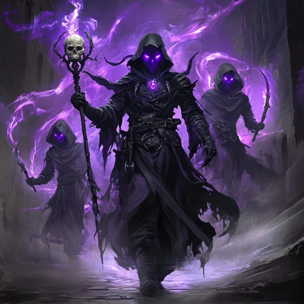 Three cloaked figures, shrouded in darkness and surrounded by swirling purple energy, stride forward.  The central figure, wielding a skull-topped staff, appears to be a powerful sorcerer, leading his shadowy companions.  Their hooded forms and glowing eyes suggest an ominous presence, hinting at dark magic and impending danger. The scene is dramatic and evocative of a fantasy world.