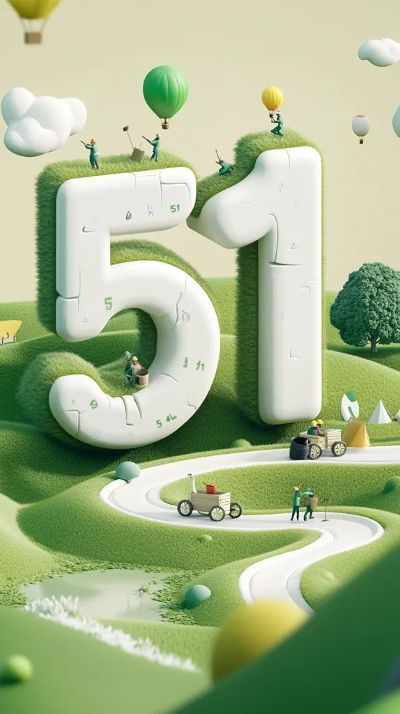 A whimsical 3D rendering depicts the numbers 51 nestled in a lush green landscape. Miniature figures engage in various activities, including working on the number's construction and traveling along a winding path. Hot air balloons float in the sky above fluffy white clouds, adding to the fantastical scene. The overall style is playful and imaginative.