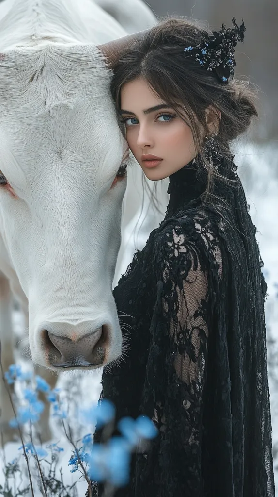 A young woman with dark hair adorned with a black hairpiece stands close to a white cow in a snowy landscape. She wears a long, black lace dress.  The contrast between the dark clothing, the white animal, and the pale snow creates a striking visual.  Delicate blue flowers are visible in the foreground. The scene evokes a sense of ethereal beauty and mystery.