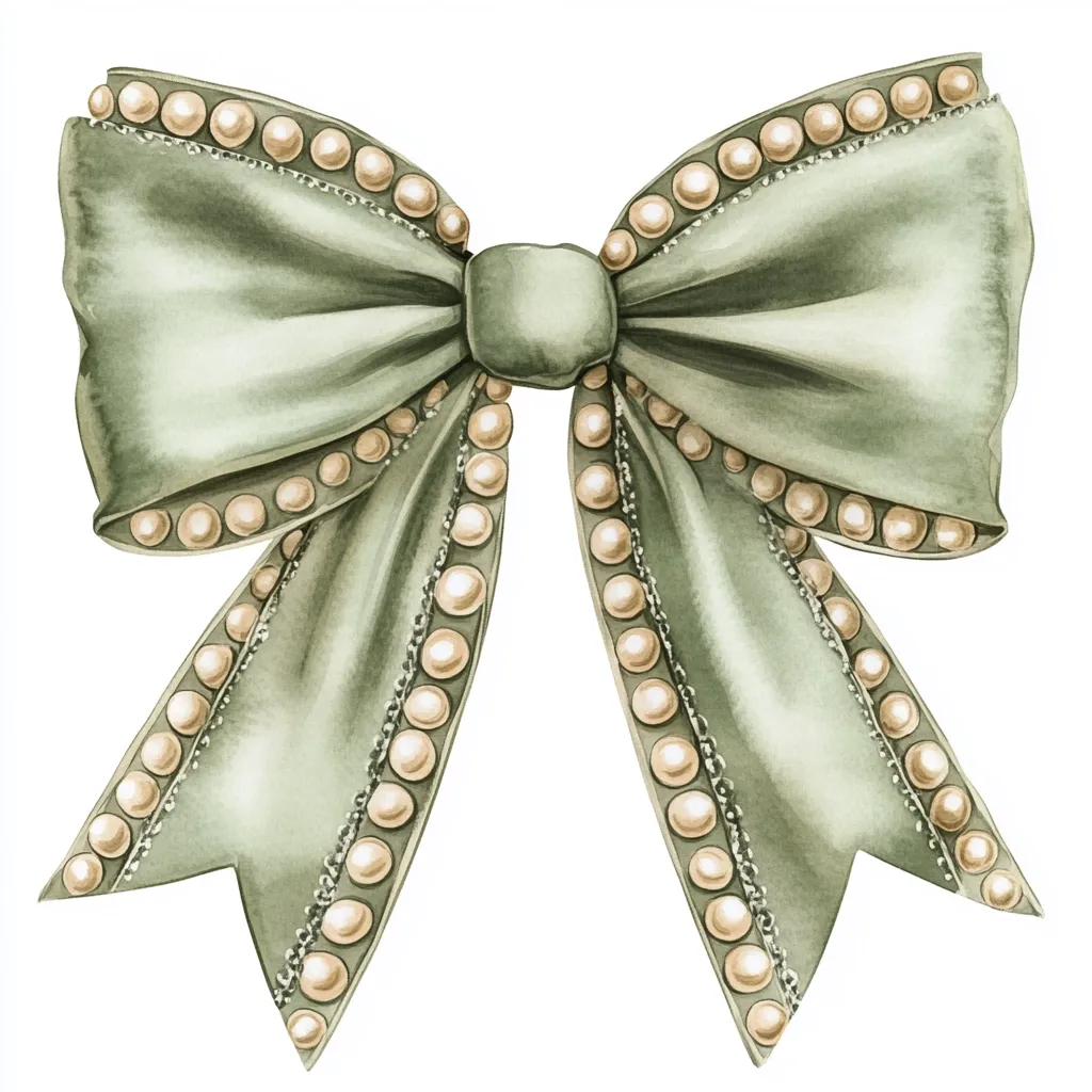 A watercolor painting of a sage green bow adorned with pearls. The bow is tied in a classic style with the ends elegantly draped.  The pearls are meticulously arranged along the edges of the ribbon, adding a touch of elegance and sophistication.  The image is clean and crisp, perfect for various design applications.