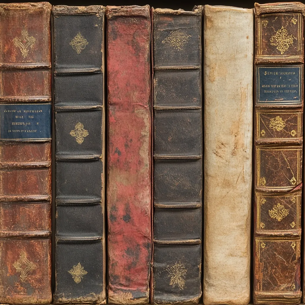 A close-up shot reveals a row of antique books, their spines displaying varying colors and degrees of wear.  Leather-bound in shades of brown, red, and off-white, some spines show gilded details and embossed patterns. The aged appearance suggests these volumes are likely quite old and possibly rare.  The titles and author information, partially visible, hint at historical texts.