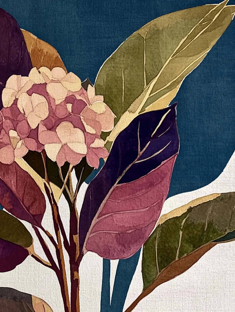 A watercolor painting depicts a stylized floral arrangement.  A cluster of pale pink hydrangea-like blossoms sits atop rich, deeply colored leaves in varying shades of burgundy, olive green, and deep purple. The background is a contrasting teal, creating a striking contrast with the warm tones of the plant. The style is modern and slightly abstract, emphasizing texture and color.