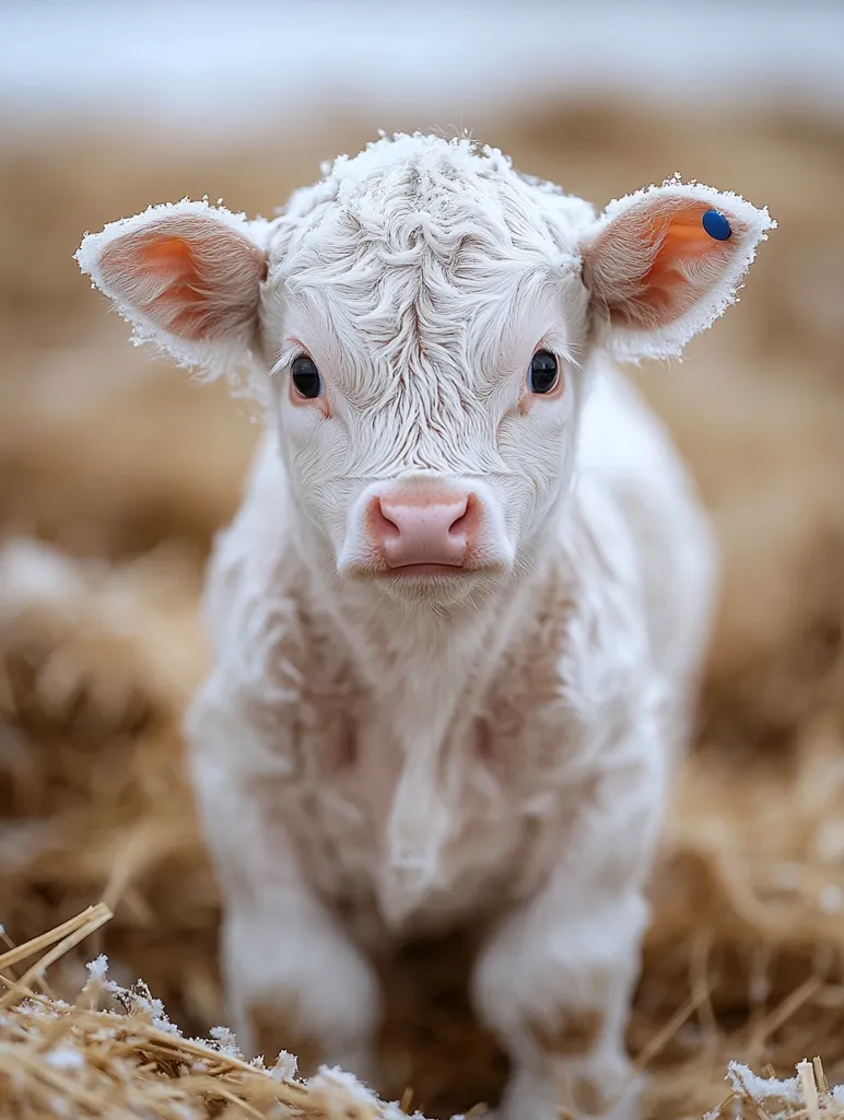 A charming white calf, its coat dusted with snow, stands in a straw-filled barn.  Its large, expressive eyes and delicate pink nose are captivating.  A small blue tag is visible in its ear.  The calf's fluffy fur and innocent gaze create a heartwarming image of rural life.