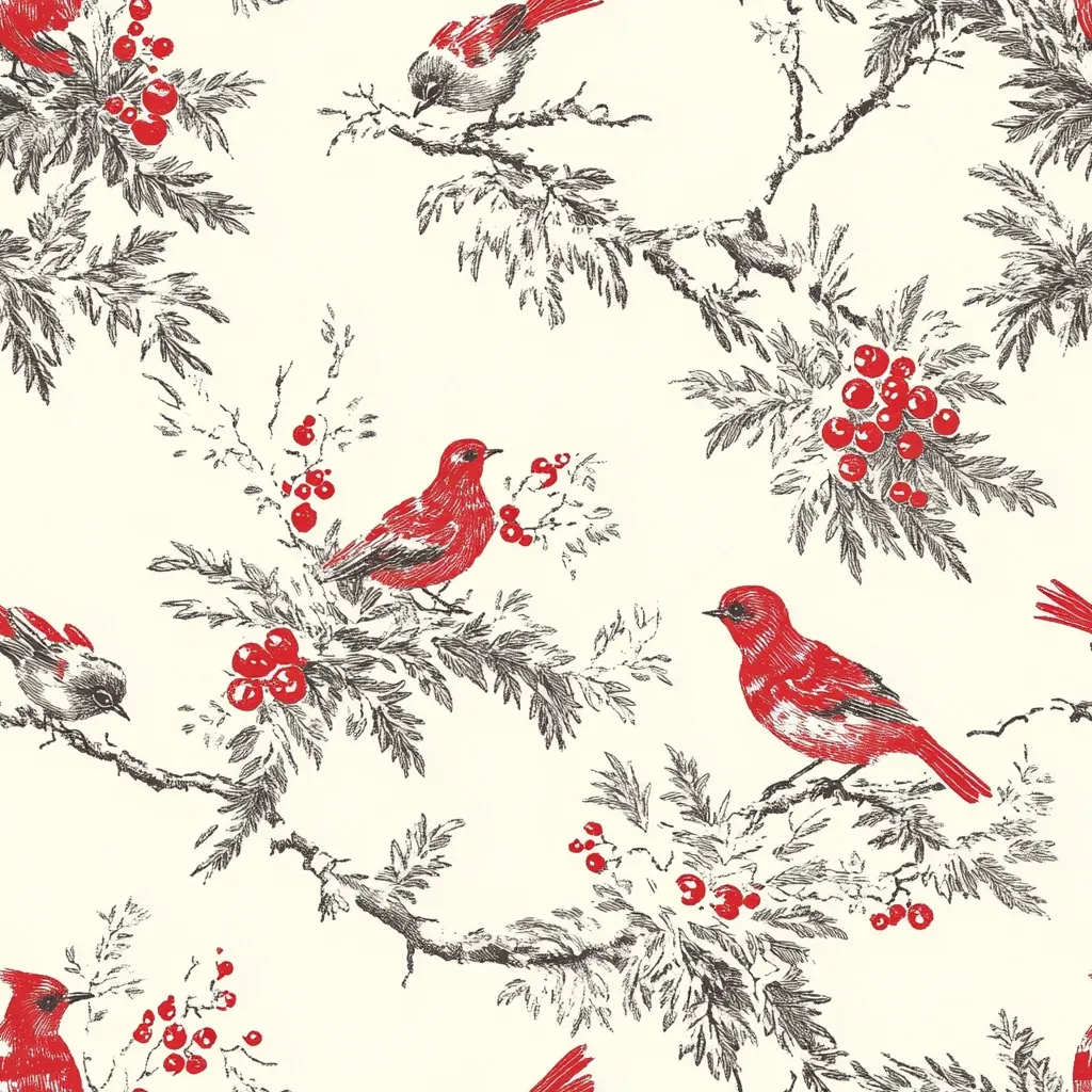 A cream-colored fabric features a repeating pattern of red birds perched on branches adorned with dark gray leaves and clusters of red berries.  The birds are depicted in a slightly stylized, almost vintage, illustration style. The overall aesthetic is elegant and subtly festive, suggesting a holiday or winter theme. The design is balanced and pleasing to the eye, with a consistent spacing between repeating elements.