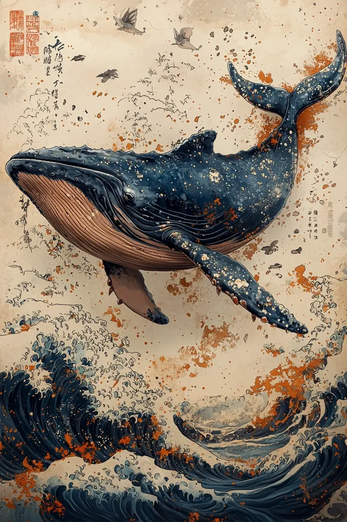 A majestic humpback whale, rendered in a style reminiscent of Japanese woodblock prints, leaps through turbulent ocean waves.  The whale's body is adorned with a starry pattern, contrasting with the earthy tones of the background. Smaller creatures, possibly fish or mythical beings, are scattered around the whale, adding to the fantastical scene.  The artwork blends realism with a stylized, almost ethereal aesthetic.