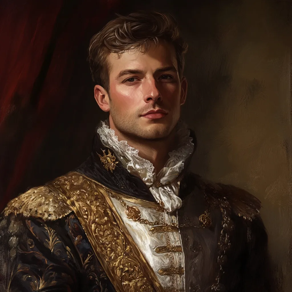 A digital painting in the style of a Baroque portrait depicts a young man, possibly a prince or nobleman. He is handsomely dressed in a dark, ornate jacket with gold embroidery and a high, ruffled collar.  His expression is serious and composed, his gaze directed slightly away from the viewer. The rich colors and detailed textures create a sense of opulence and grandeur.  The background is a muted, dark brown, drawing focus to the subject.