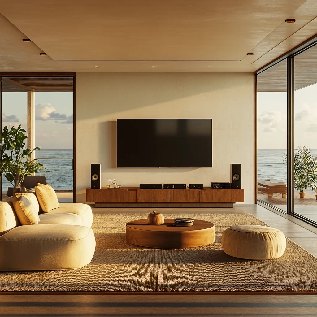 A modern, minimalist living room boasts a large flat-screen TV mounted above a wooden entertainment center.  Floor-to-ceiling glass doors offer stunning ocean views at sunset.  Beige, modular sofas create a relaxed atmosphere, complemented by a low wooden coffee table and textured floor rug.  The room features a sophisticated home theater setup with strategically placed speakers.  A serene and luxurious ambiance is created by the warm lighting and natural elements.