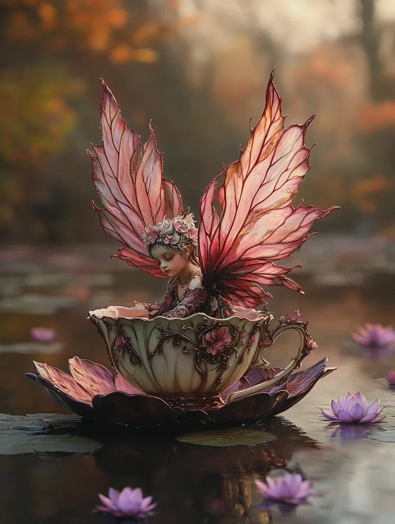A whimsical fairy with delicate, rose-hued wings sits nestled inside an ornate teacup, which floats serenely on a lily pad in a calm pond.  The scene is bathed in soft, golden light, creating a magical, ethereal atmosphere amongst the water lilies.  The fairy's attire complements the cup's floral detailing, enhancing the fantasy-like quality of the image.