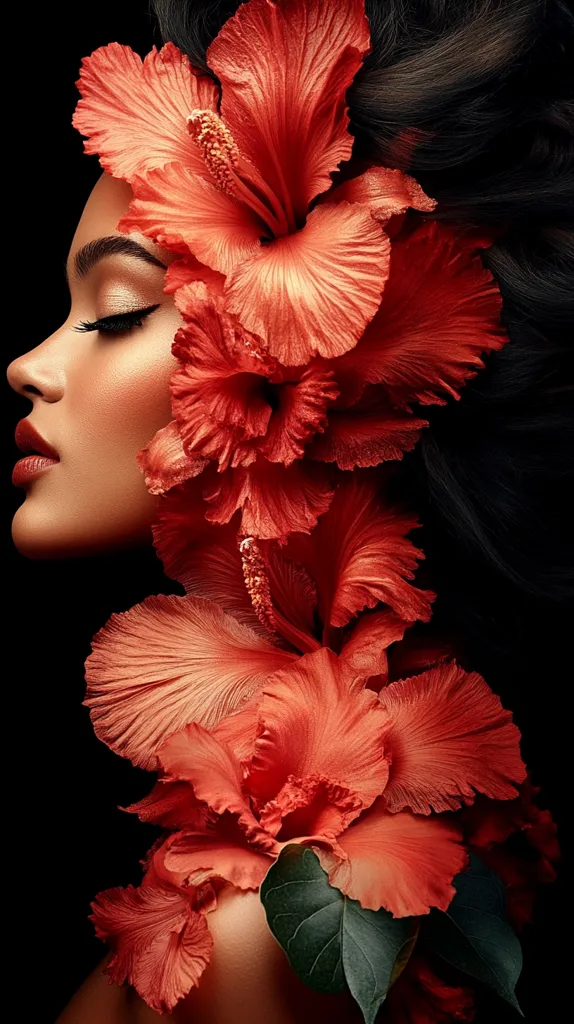 A woman's profile is adorned with vibrant, coral-colored hibiscus flowers. Her dark hair blends seamlessly with the blossoms, creating a striking contrast against the black background.  Her eyes are closed, suggesting serenity. The image is a study in textures and colors, emphasizing the beauty of both the woman and the flowers. The overall effect is one of lush, tropical elegance.