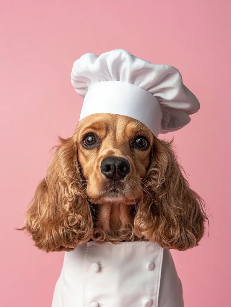 A charming cocker spaniel dog, adorned in a pristine white chef's hat and jacket, gazes directly at the camera against a soft pink backdrop.  Its expressive brown eyes and fluffy, golden-brown coat are captivating. The dog's attire suggests a playful culinary theme.  The overall image is clean, bright, and evokes feelings of warmth and cuteness.