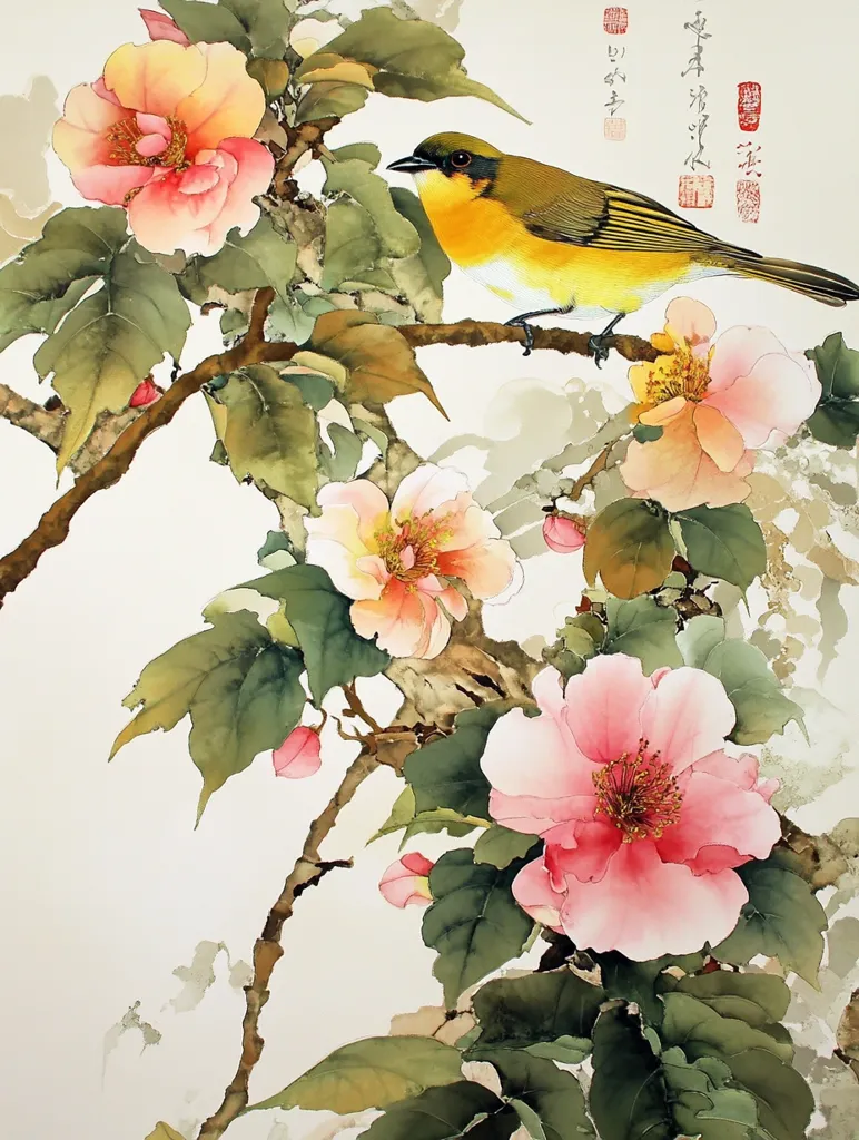 A delicate watercolor painting showcases a vibrant yellow bird perched on a branch adorned with blossoming pink and peach flowers.  The artist's style is reminiscent of East Asian art, with flowing brushstrokes and a focus on natural elegance.  The bird's bright plumage contrasts beautifully with the soft hues of the flowers and the muted greens of the leaves.  The overall effect is one of serene beauty and tranquility.