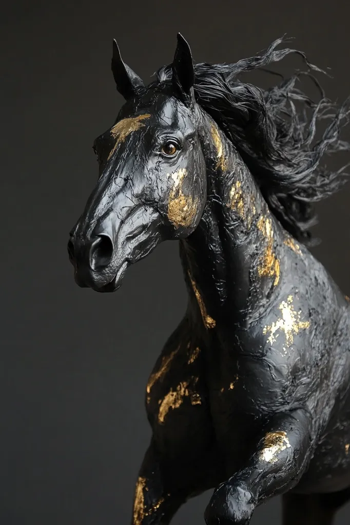 A striking sculpture of a black horse, its coat textured and accented with gold leaf, is captured in profile.  The horse's mane flows dynamically, suggesting movement. The dark background enhances the sculpture's dramatic presence, highlighting the contrast between the black and gold. The image exudes elegance and artistry.