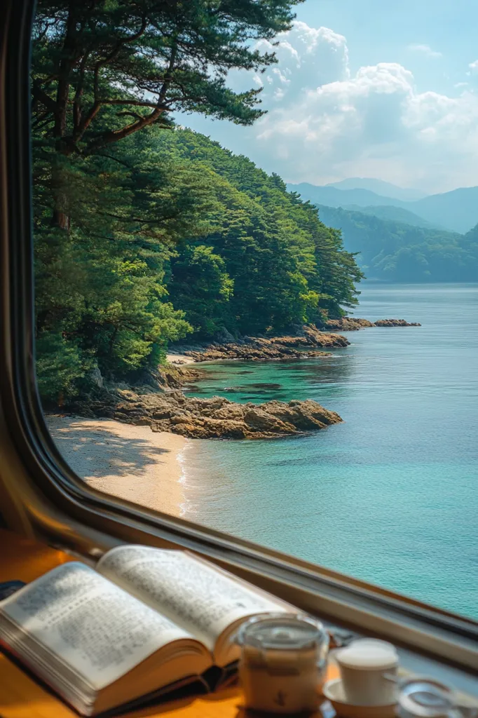 A scenic view from a train window reveals a tranquil cove.  Lush green hills descend to a sandy beach lapped by clear turquoise water.  Rocks dot the shoreline, adding texture to the scene.  Inside, an open book and small containers rest on a table, suggesting a peaceful journey. The sun shines brightly, illuminating the idyllic coastal landscape.