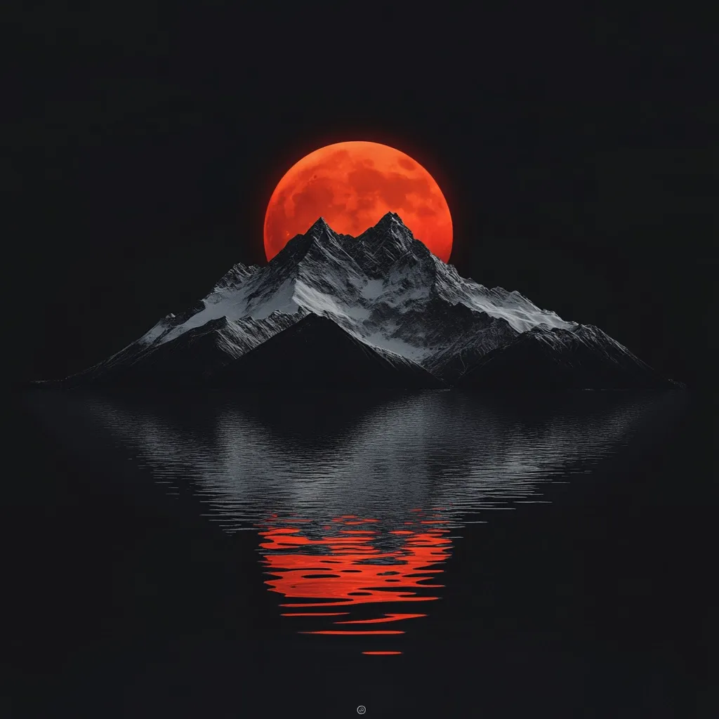 A large, blood-red moon dominates the dark sky, setting behind a snow-capped mountain range.  The mountains are reflected in the still, dark water below, creating a mirror image of the surreal scene. The overall tone is dark and mysterious, with the vibrant red of the moon providing a stark contrast to the blackness. The image evokes a sense of awe and wonder.