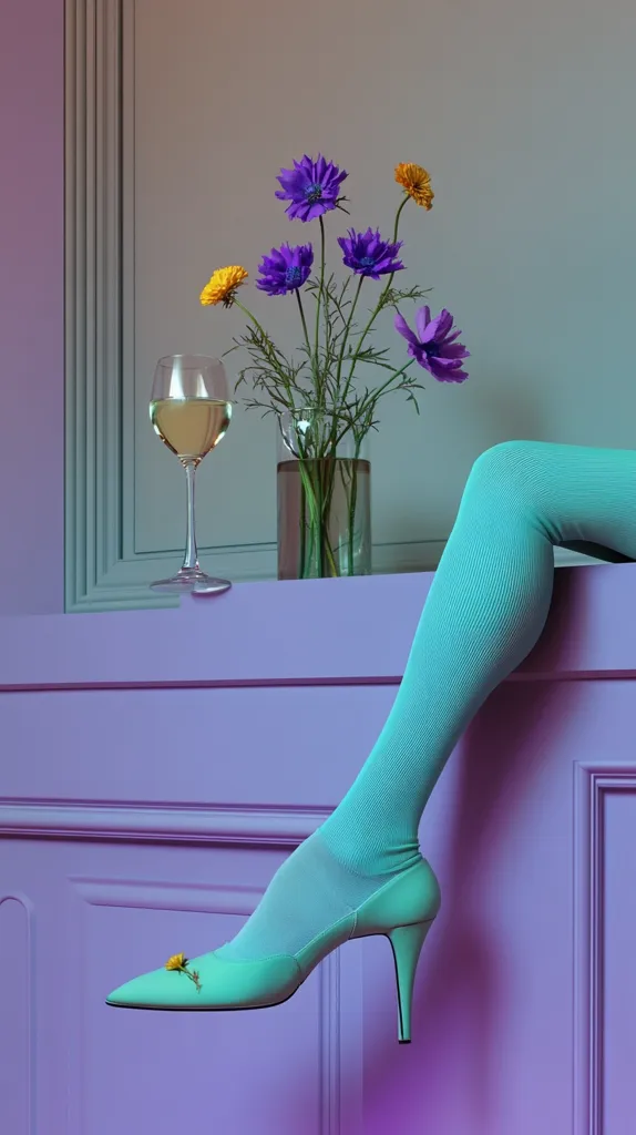 A leg in teal tights and matching heels rests on a lavender surface. A single yellow flower adorns the shoe.  A glass of white wine and a vase of purple and yellow flowers sit on the surface, creating a stylish and subtly whimsical scene. The overall color palette is cool and pastel.