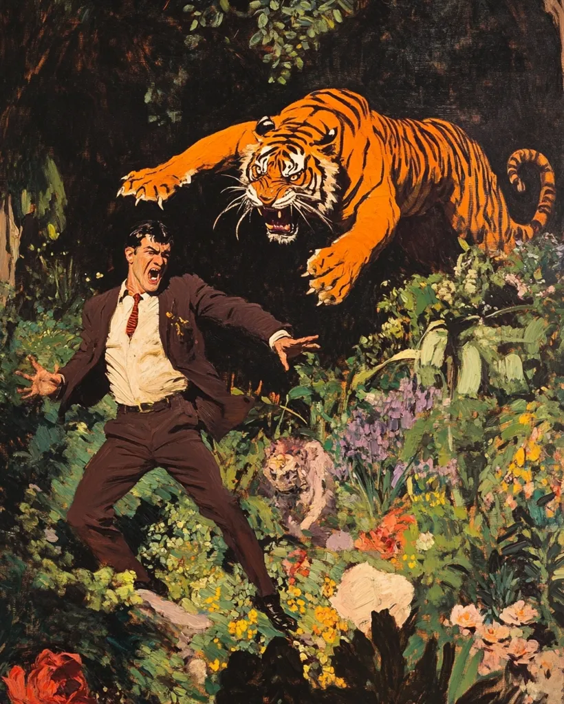 A man in a suit is terrified as a large tiger leaps towards him in a lush, vibrant jungle setting.  Flowers and foliage surround the scene, creating a dramatic contrast between the man's fear and the tiger's predatory intensity.  A smaller animal is partially visible in the undergrowth. The painting is highly expressive, utilizing bold brushstrokes and rich colors.