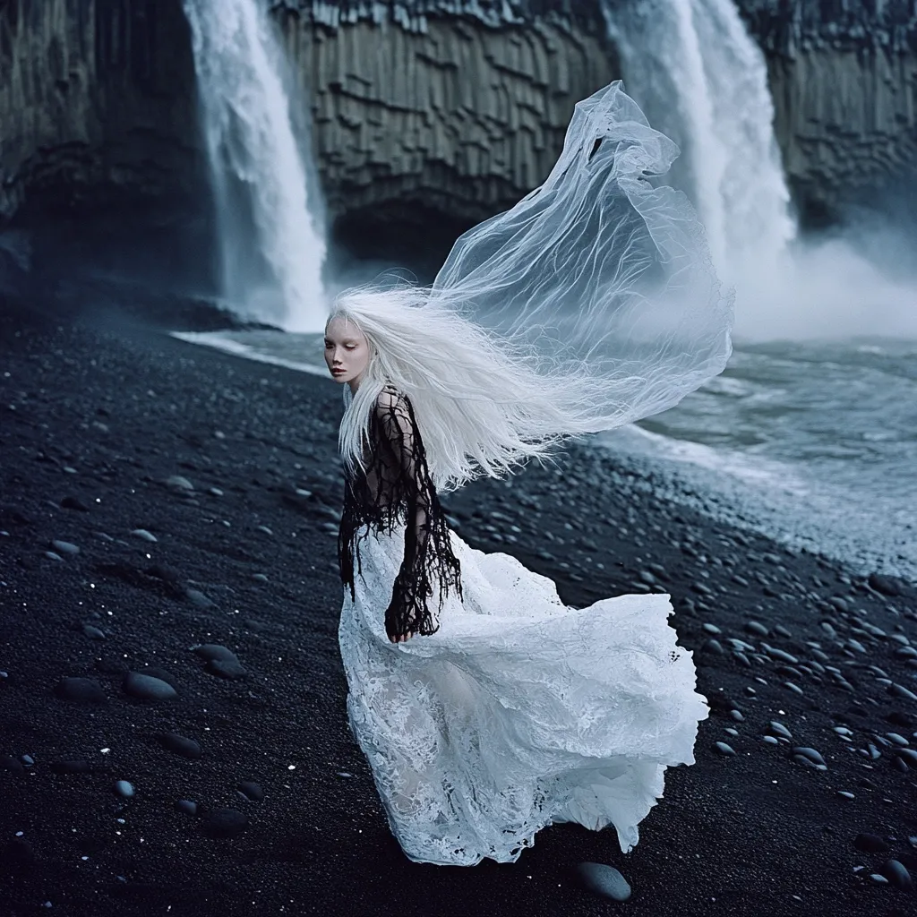 A woman with long, white hair, wearing a flowing white lace gown and a black lace overlay, stands on a dark, pebble-strewn beach.  A sheer white fabric billows behind her, mimicking the movement of the wind.  In the background, powerful waterfalls cascade down a dramatic, dark cliff face, creating a mystical and ethereal scene. The overall mood is melancholic yet beautiful.