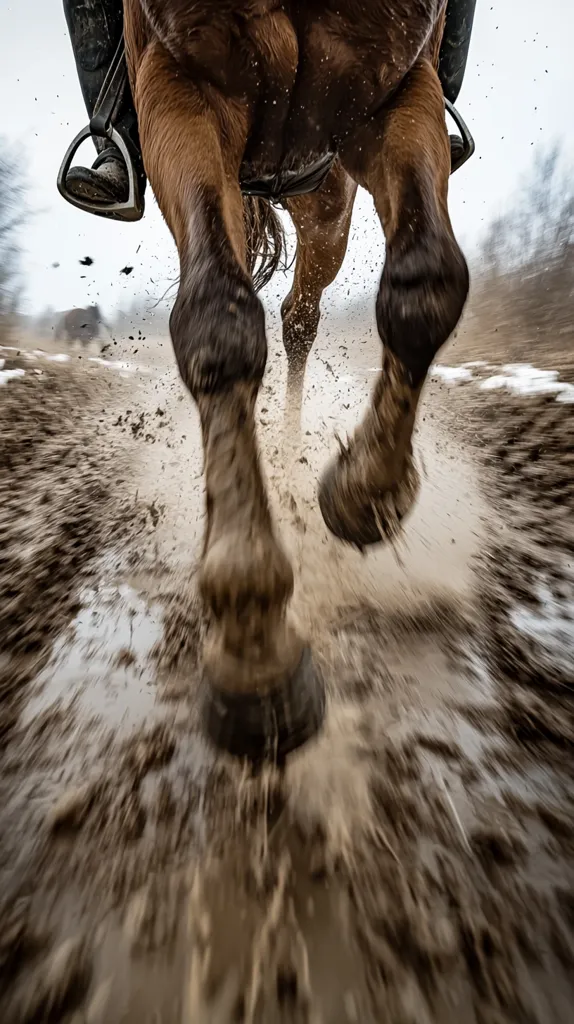 A low-angle, close-up shot captures a horse's powerful legs in motion, splashing muddy water as it gallops.  The rider's legs and stirrups are visible, emphasizing the speed and dynamism of the scene. The blurred background suggests a rapid pace, with the focus sharply on the horse's powerful legs and the muddy spray. The overall image conveys a sense of energy and raw power.