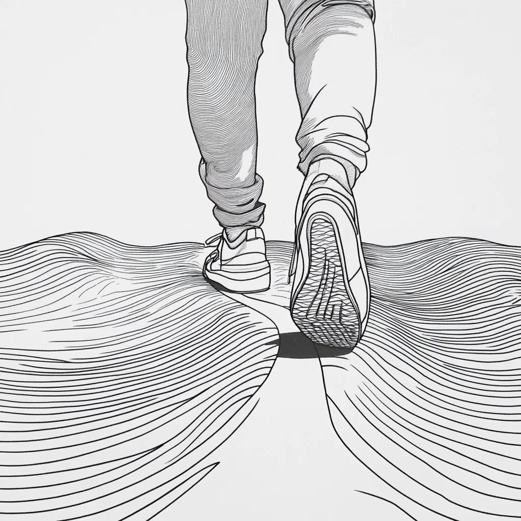 A line drawing depicts a person's legs and feet walking along a path. The path is depicted as undulating, wave-like lines creating a textured surface.  The person wears sneakers and jeans, their legs drawn with hatched lines suggesting movement and texture. The style is minimalist, focusing on lines and form to create a sense of journey and progress.