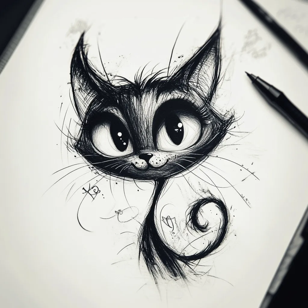 A captivating monochrome sketch of a stylized cat dominates the page.  Its large, expressive eyes and whimsical, curled tail are rendered in a dynamic, expressive style using shading and line work. The artist's signature is subtly placed near the cat's head, adding a personal touch to the piece. The overall impression is one of playful darkness and artistic flair.